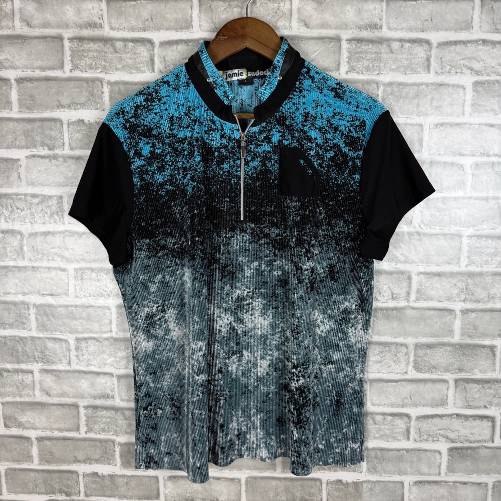 Jamie Sadock Womens Blue Black Abstract Pleated 1/4 Zip Golf Shirt Large 82126